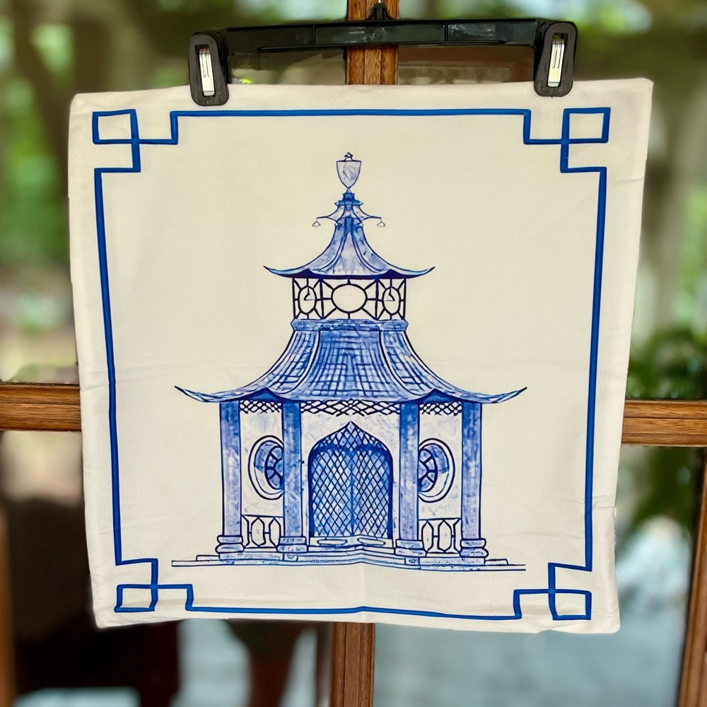 Blue and White Pagoda Print pillow cover